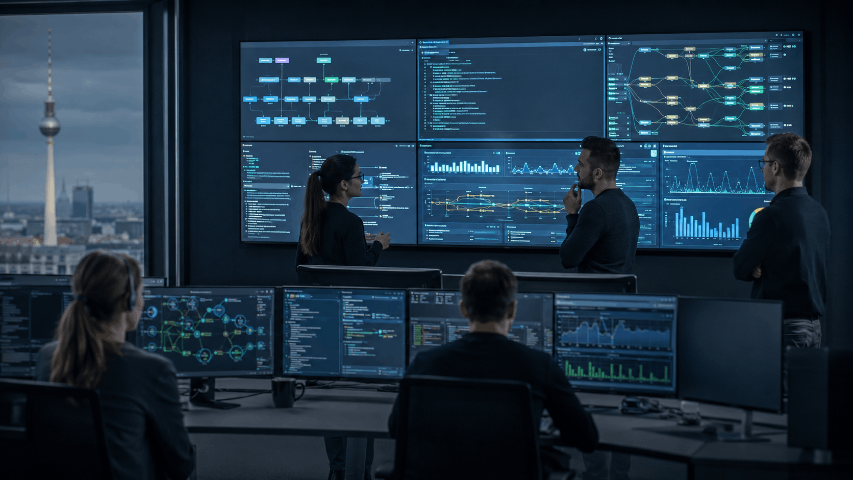 Berliner IT-Team analysiert Automatisierungsprozesse auf großen Monitoren