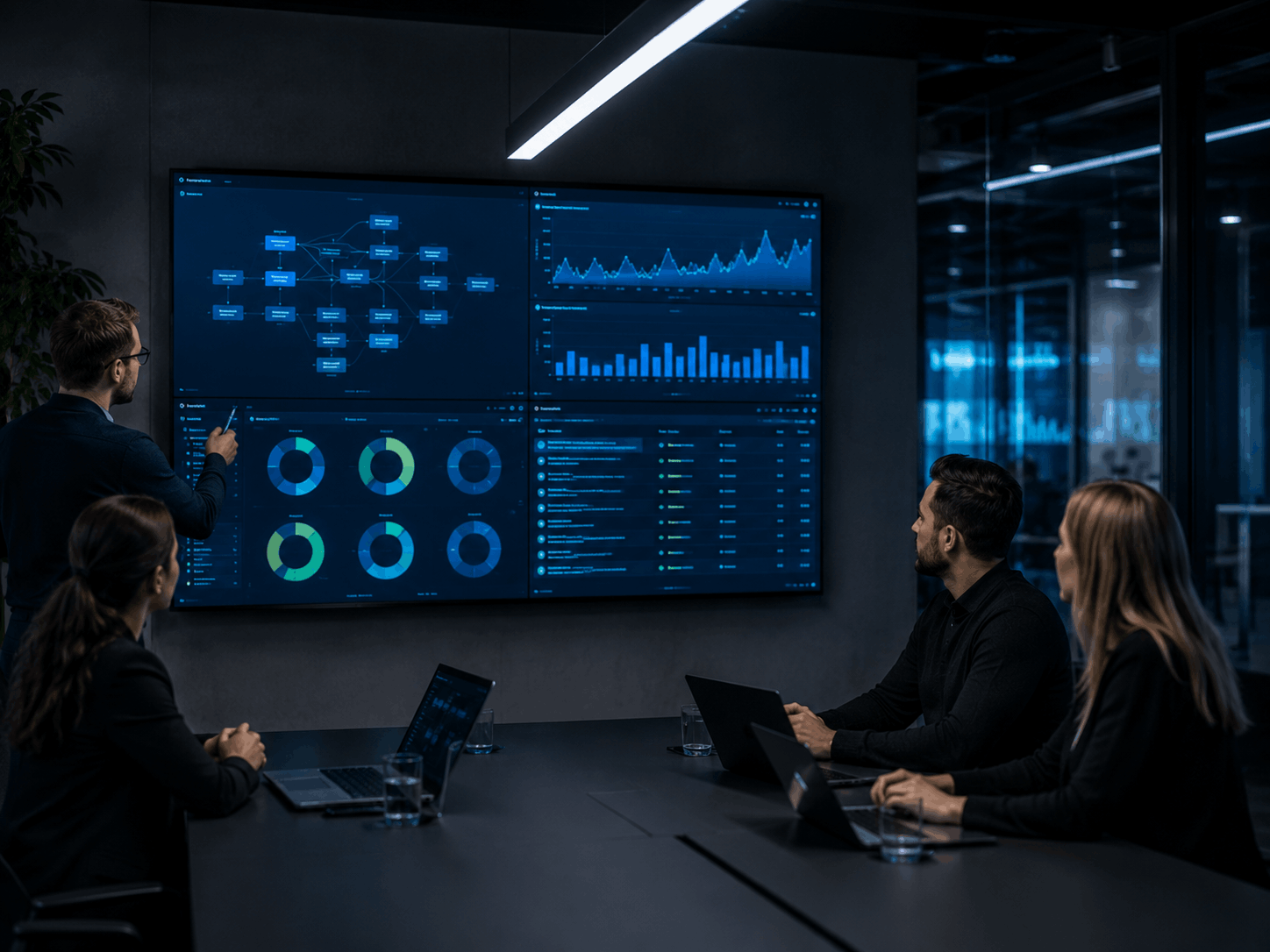 Operations-Team betrachtet ein Dashboard mit Prozessstatus